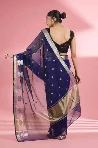 Dark blue premium kota doria silk saree with zari work