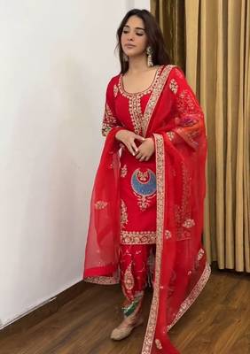 red natural crepe silk party wear embroidered suit set 3