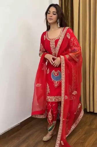 Red natural crep silk party wear embroidery suit set