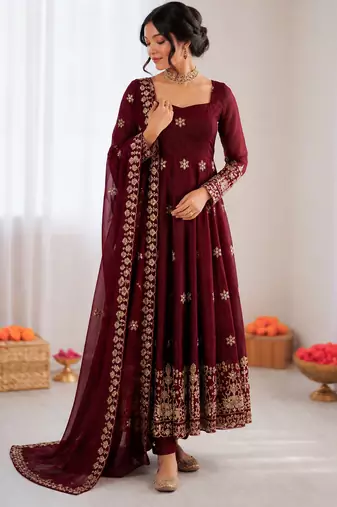 Maroon fendy silk thread with sequence anarkali suit
