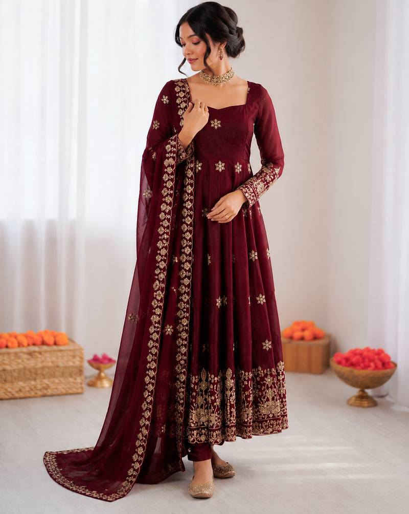 Maroon fendy silk thread with sequence anarkali suit