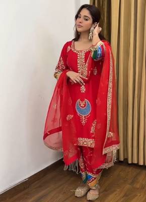 red natural crepe silk party wear embroidered suit set 4