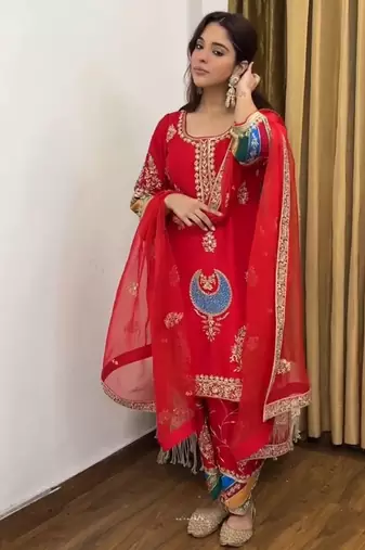 Red natural crep silk party wear embroidery suit set