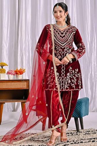 Dark red heavy viscos party wear embroidery suit set