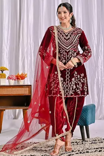 Dark red heavy viscos party wear embroidery suit set