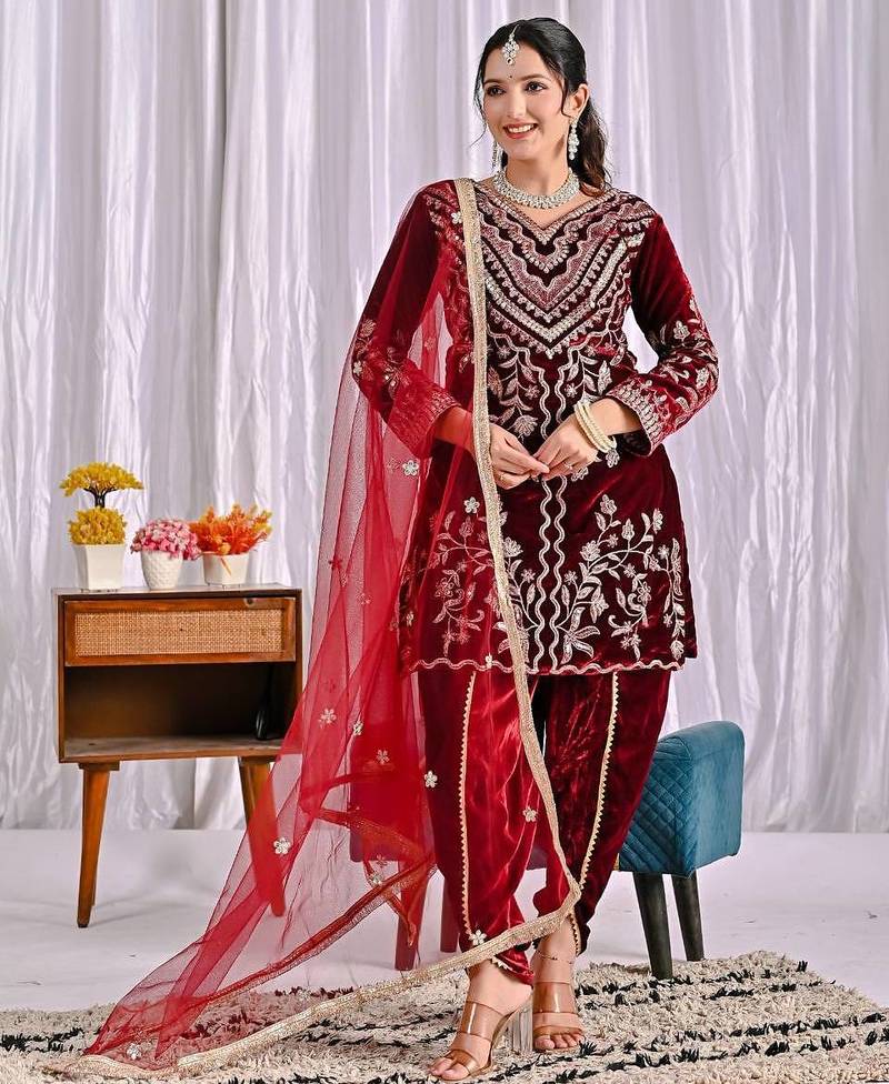 Dark red heavy viscos party wear embroidery suit set