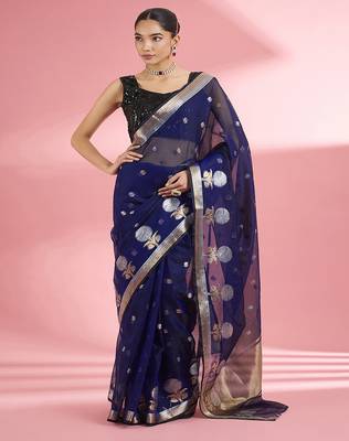 Dark blue premium kota doria silk saree with zari work 3