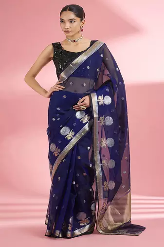 Dark blue premium kota doria silk saree with zari work