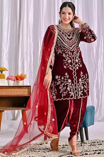 Dark red heavy viscos party wear embroidery suit set