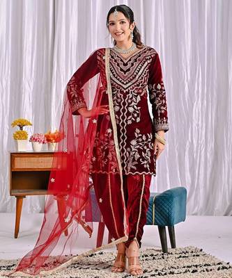 Dark red heavy viscos party wear embroidery suit set 3