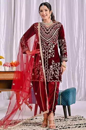 Dark red heavy viscos party wear embroidery suit set