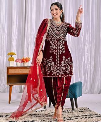 Dark red heavy viscos party wear embroidery suit set 4