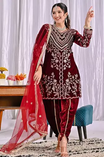 Dark red heavy viscos party wear embroidery suit set