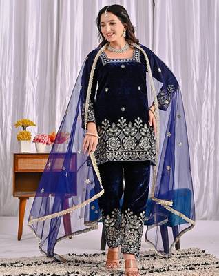 Blue heavy viscos party wear embroidery suit set 1