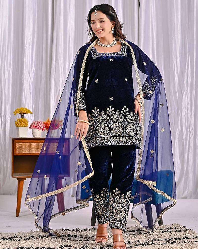 Blue heavy viscos party wear embroidery suit set