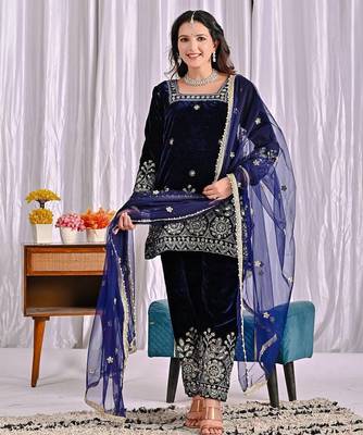 Blue heavy viscos party wear embroidery suit set 3