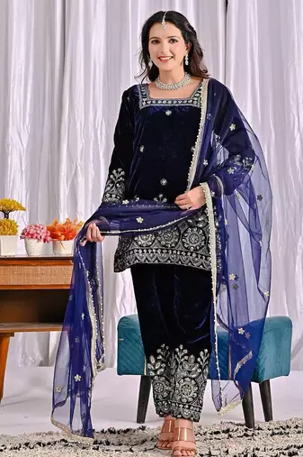 Blue heavy viscos party wear embroidery suit set