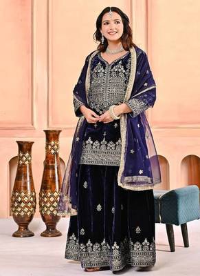 Dark blue heavy viscos party wear embroidery sharara suit set 1
