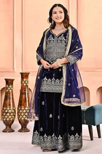 Dark blue heavy viscos party wear embroidery sharara suit set