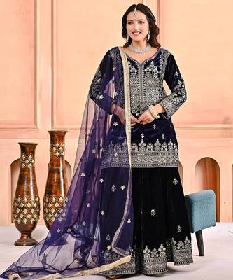 Dark blue heavy viscos party wear embroidery sharara suit set 2