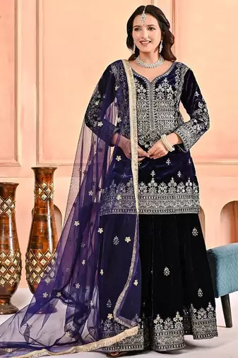 Dark blue heavy viscos party wear embroidery sharara suit set