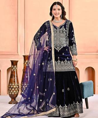 Dark blue heavy viscos party wear embroidery sharara suit set 3