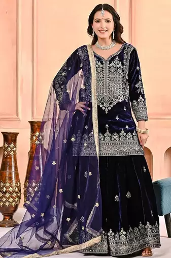 Dark blue heavy viscos party wear embroidery sharara suit set