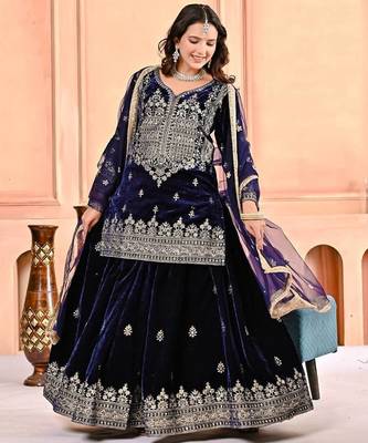 Dark blue heavy viscos party wear embroidery sharara suit set 4