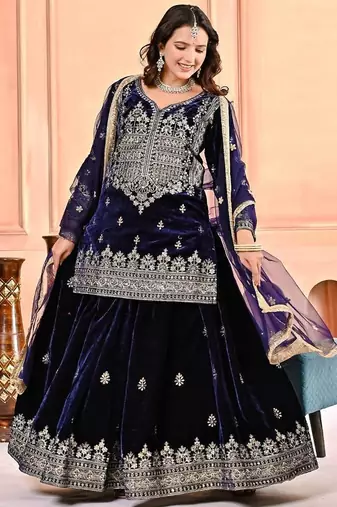 Dark blue heavy viscos party wear embroidery sharara suit set