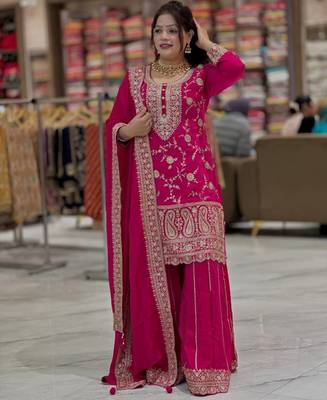 pink chinon silk party wear embroidered sharara suit set 1