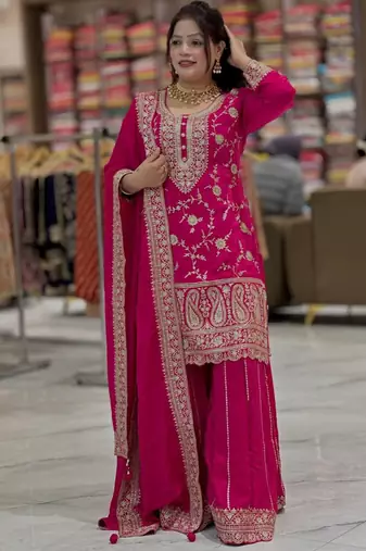 Pink chinon silk party wear embroidery sharara suit set
