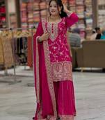 Pink chinon silk party wear embroidery sharara suit set