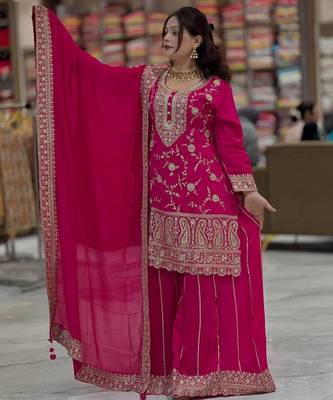 pink chinon silk party wear embroidered sharara suit set 2
