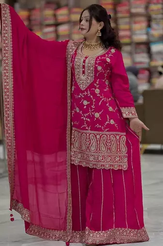 Pink chinon silk party wear embroidery sharara suit set