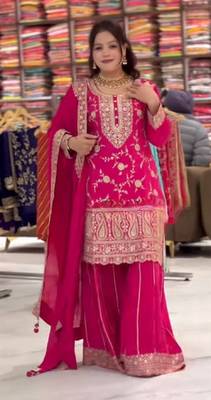 pink chinon silk party wear embroidered sharara suit set 3