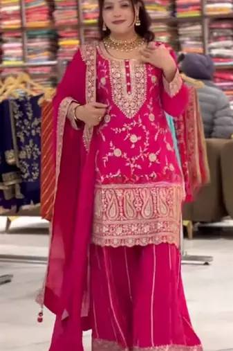 Pink chinon silk party wear embroidery sharara suit set