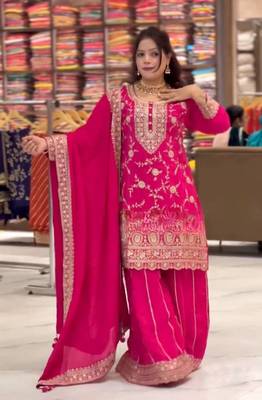 pink chinon silk party wear embroidered sharara suit set 4