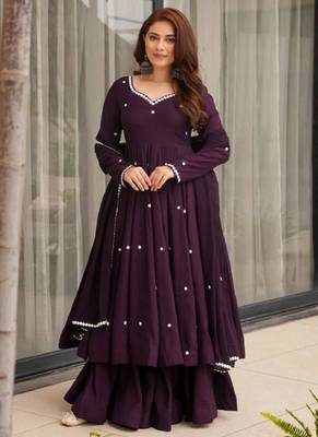 purple roman silk party wear embroidered anarkali suit set 1