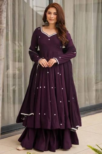 purple roman silk party wear embroidered anarkali suit set