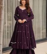 Purple roman silk party wear embroidery anarkali suit set