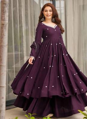 purple roman silk party wear embroidered anarkali suit set 2