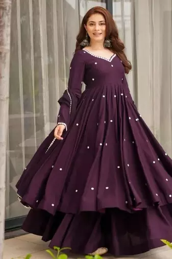 Purple roman silk party wear embroidery anarkali suit set
