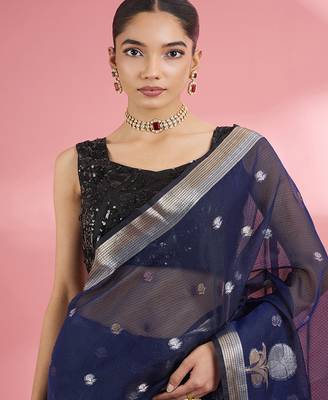 Dark blue premium kota doria silk saree with zari work 4