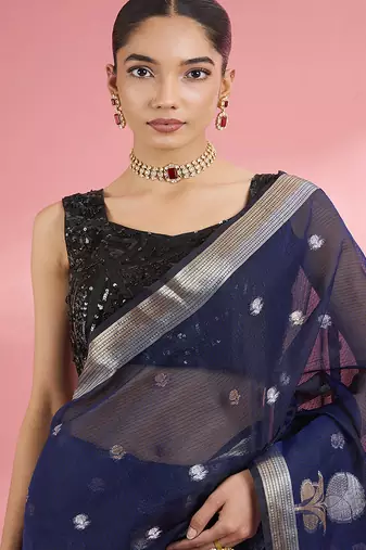 Dark blue premium kota doria silk saree with zari work