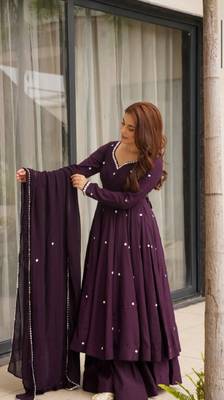 purple roman silk party wear embroidered anarkali suit set 3