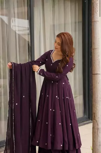 Purple roman silk party wear embroidery anarkali suit set