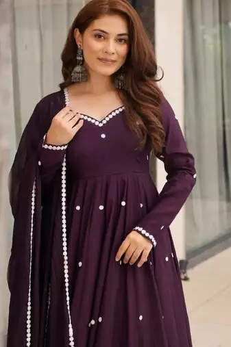 Purple roman silk party wear embroidery anarkali suit set