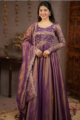 Lavender cosmos silk party wear embroidery anarkali suit set