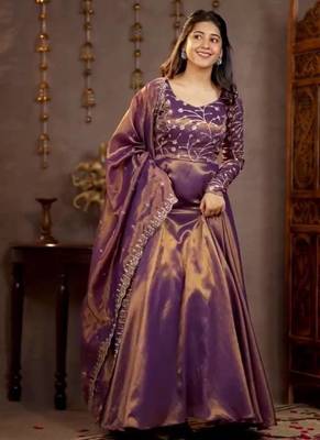lavender cosmos silk party wear embroidered anarkali suit set 2