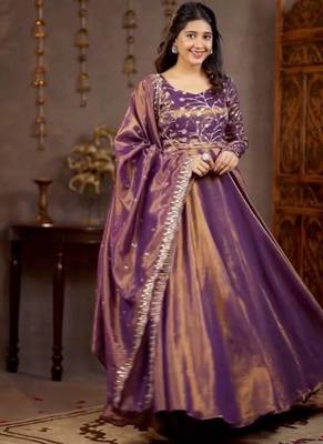 lavender cosmos silk party wear embroidered anarkali suit set 3